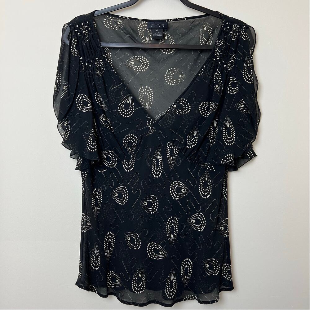 Y2K The Limited 100% Silk Black Flutter Sleeve Sheer Blouse Rhinestones XL